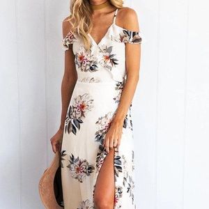 off shoulder white floral maxi dress